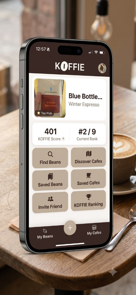 KOFFIE app home screen on a phone at a cafe table, showing KOFFIE Score, Find Beans, and Discover Cafes